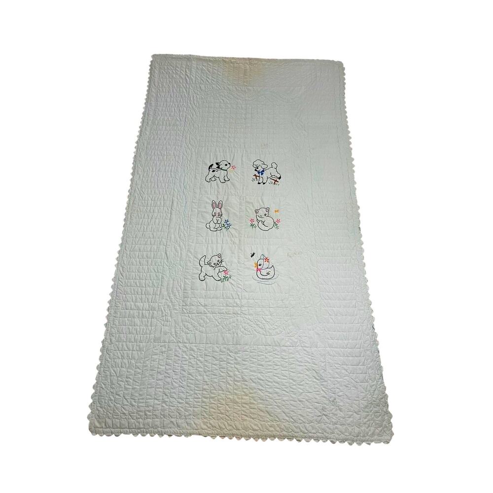 Hand Embroidered Quilt Childrens Mint Green Mid Century Baby Animals 38x68